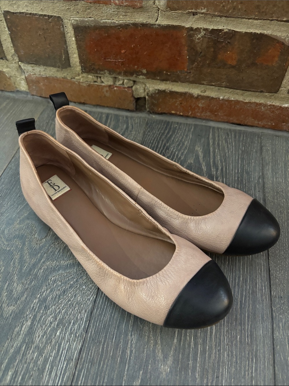 Two-Tone Nude and Black Cap-Toe Ballet Flats